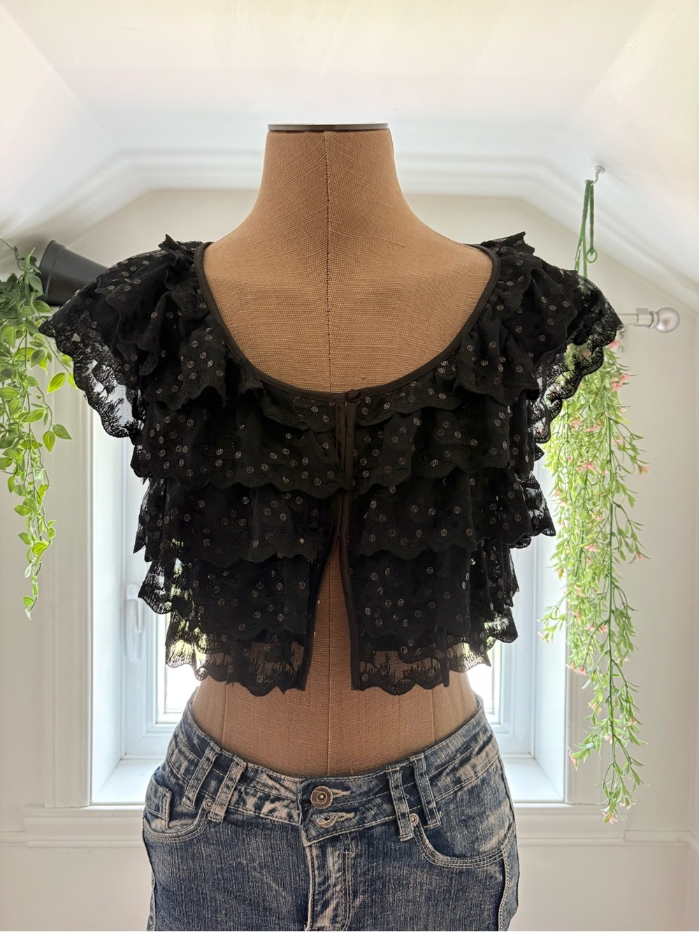 Black Ruffled Lace Cardigan with Sequins - Women